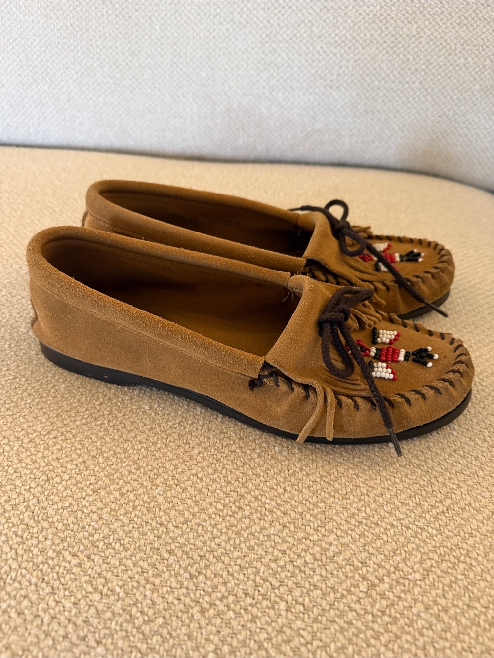 Minnetonka Tan Beaded Suede Moccasin Flats - Picture 2 of 5